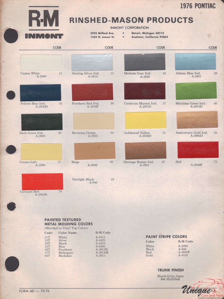 1976 Pontiac Paint Charts RM 1